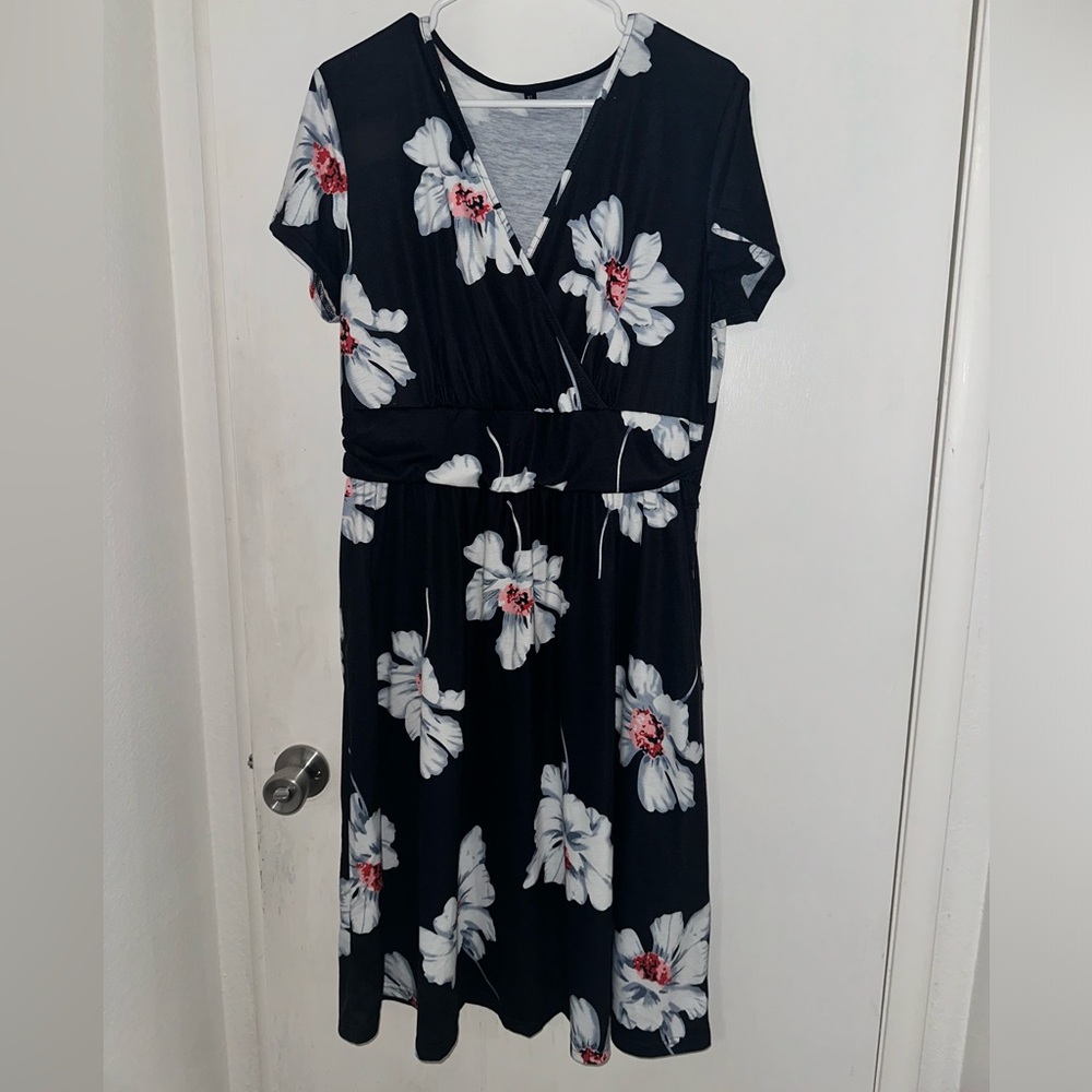 Black floral print baby doll dress